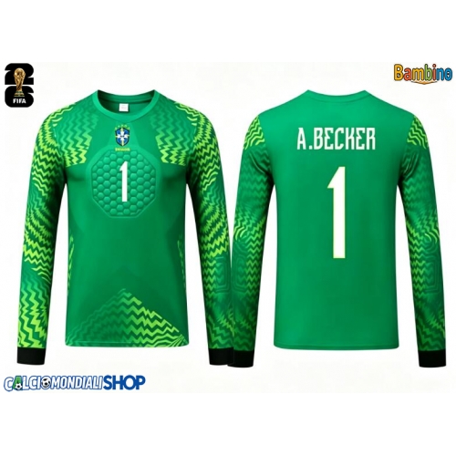 Maglie da calcio Brasile Alisson Becker #1 Portiere Seconda Maglia Bambino Mondiali 2026  Manica Lunga + Pantaloni corti)